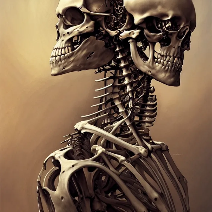 Image similar to bone skeleton cyborg, diffuse lighting, fantasy, intricate, elegant, highly detailed, lifelike, photorealistic, digital painting, artstation, illustration, concept art, smooth, sharp focus, art by john collier and albert aublet and krenz cushart and artem demura and alphonse mucha