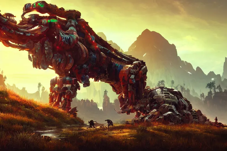 Image similar to tremortusk machine mecanical creature robot of horizon forbidden west horizon zero dawn radiating a glowing aura global illumination ray tracing hdr fanart arstation by ian pesty and alena aenami artworks in 4 k