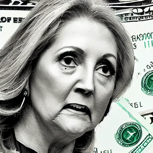 Prompt: comcast throwing a wad of dollar bills at marsha blackburn