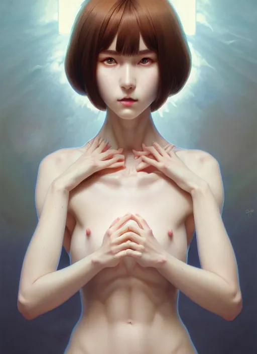 Image similar to symmetry portrait of ayanami rei, intricate, elegant, highly detailed, digital painting, artstation, concept art, smooth, sharp focus, illustration, art by artgerm and greg rutkowski and alphonse mucha, 8 k