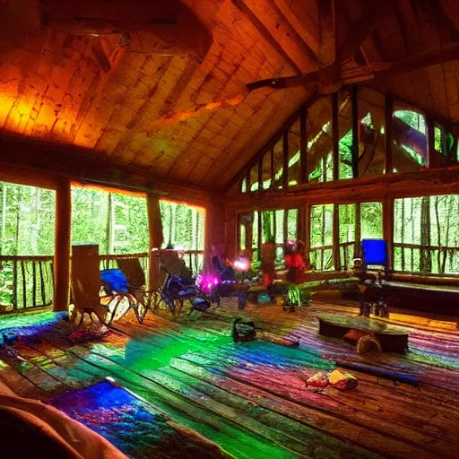 Image similar to wild rave at a beatiful woodland cabin