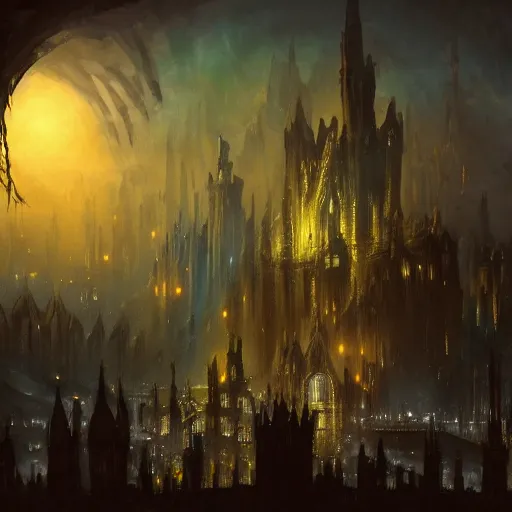 Image similar to fantasy dark medieval gothic cityscape on hill, painting, lights, darkness, lanterns, people in the streets, small buildings, city wall, dark fantasy, magic the gathering, blue tint, detailed, sharp focus, hyperrealistic, fantastic artwork, 4 k, artstation, high fantasy, ravnica, volumetric lighting, strong contrast, dark sky, far shot