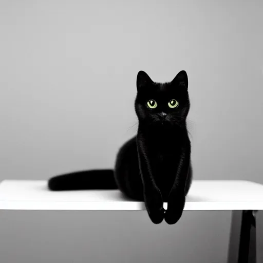 Image similar to studio photograph of a black cat sitting on a white table