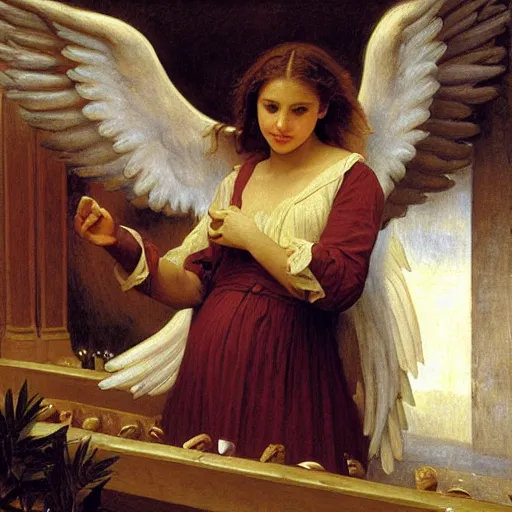 Prompt: an oil painting of an angel inside a theater eating Skittles, by Bouguereau, highly realistic and intricate