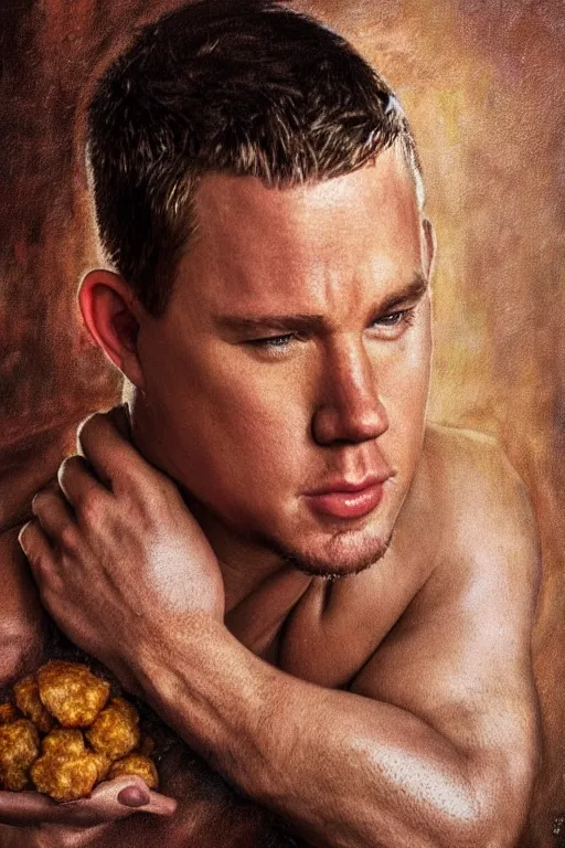 Image similar to channing tatum made out of a tater tot, oil on canvas, intricate, portrait, 8 k highly professionally detailed, hdr, cgsociety