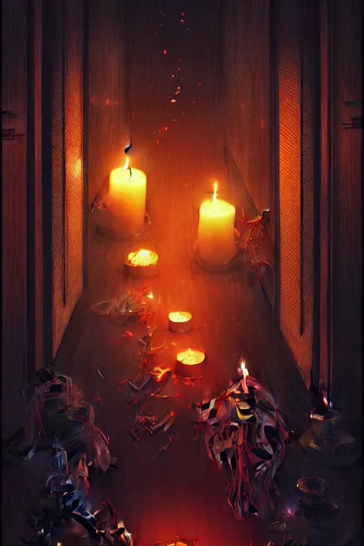 Image similar to dreamy dark hall with candles and dripping wax. beautiful intricately detailed japanese artwork, fantasy art by bayard wu, trending on artstation, epic, shine