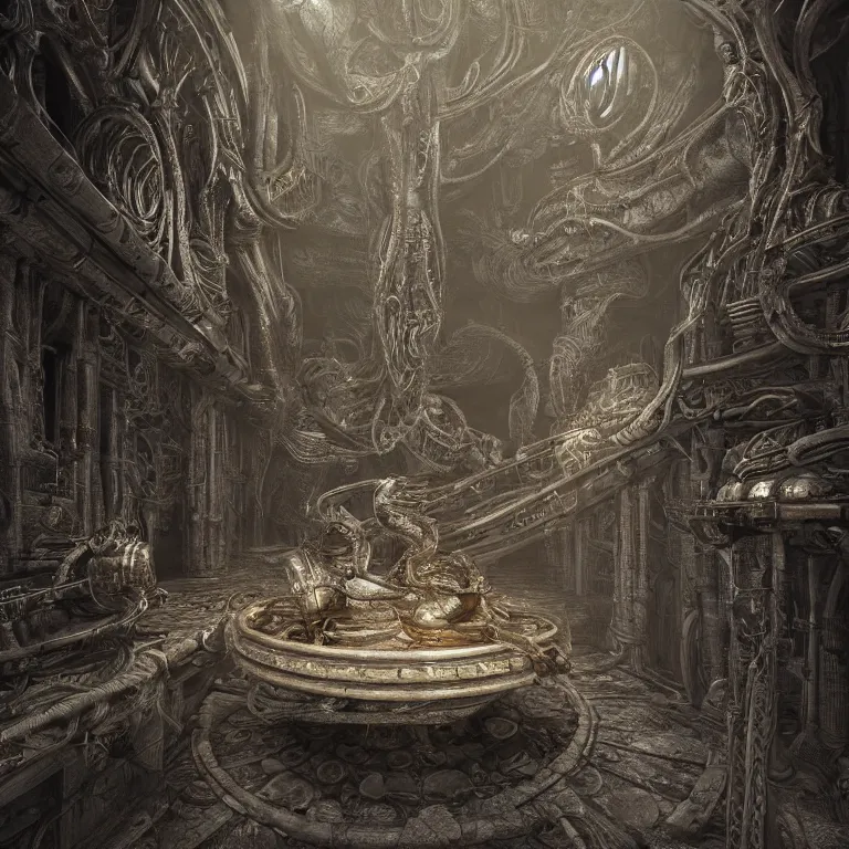 Prompt: !dream old vintage photo of surreal alien extraterrestrial biomechanical temple interior beautiful detailed intricate insanely detailed 3D render digital art by Giger, octane render, unreal engine 5, 8K artistic photography, photorealistic