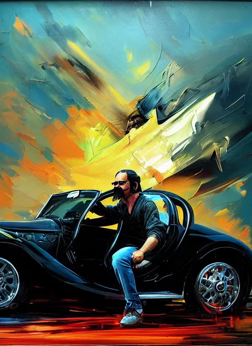 Image similar to dr. disrespect, driving car, reckless, painting by phil hale, fransico goya,'action lines '!!!, graphic style, visible brushstrokes, motion blur, blurry, visible paint texture, crisp hd image