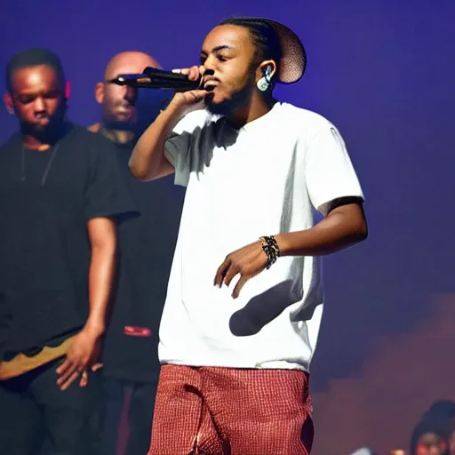 Prompt: kendrick lamar brings a small mouse on stage to rap with him