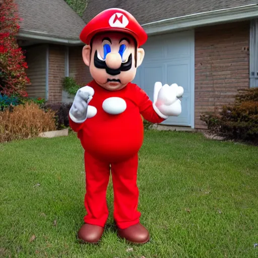 Prompt: man dressed in bootleg knockoff super mario bros. costume holding a red plastic mushroom standing in a yard.