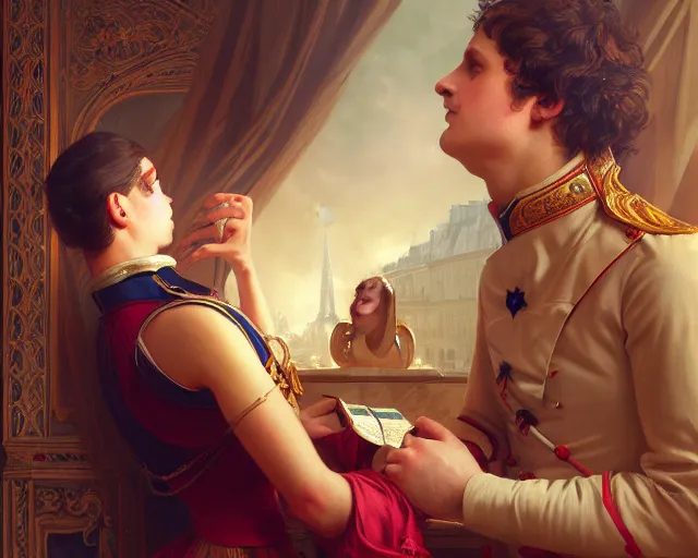 Prompt: photography of napoleon making love with a women in paris, deep focus, intricate, elegant, highly detailed, digital painting, artstation, concept art, matte, sharp focus, illustration, art by artgerm and greg rutkowski and alphonse mucha