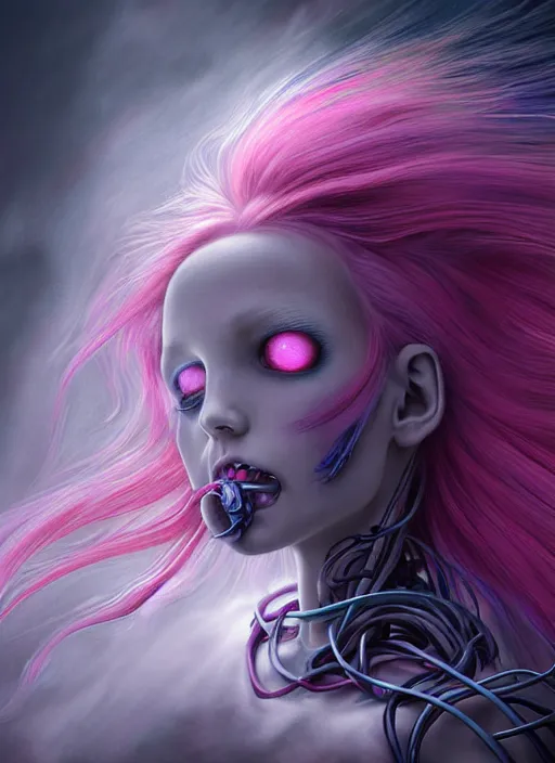 Image similar to realistic detailed image of a young beautiful female witch-dragon-cyborg-android, pink/blue hair blowing in an angry and stormy moody atmosphere, anime art, anime, inspired by H.R. Giger and Zdzislaw Beksinski and Mark Ryden, gothic, rich deep colors. A masterpiece, matte painting, digital art, trending on artstation.