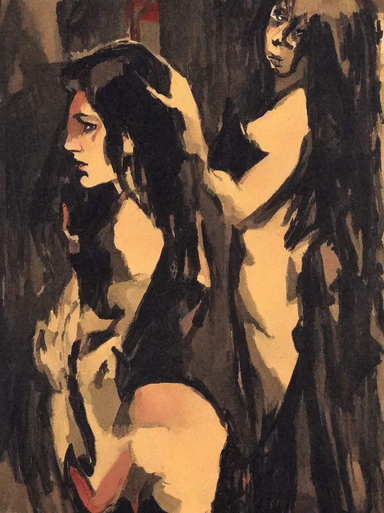 Image similar to portrait profile of one mysterious dark beautiful women in 1 9 7 8, oil painting by john watkiss