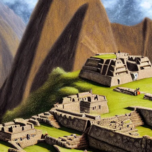 Image similar to digital painting of machu pichu incan fortress, by filipe pagliuso and justin gerard, symmetric, fantasy, highly detailed, realistic, intricate, portrait, sharp focus, tarot card