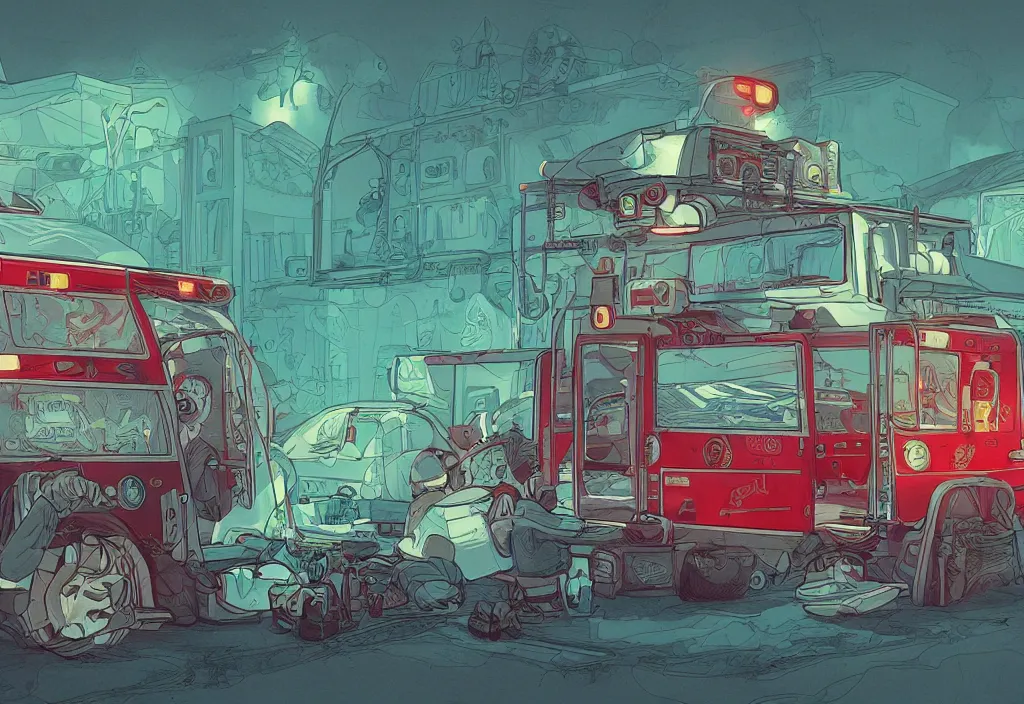 Image similar to handmade illustration of an ambulance, line art, ink, watercolor by Kilian Eng and by Jake Parker, winning-award masterpiece, fantastic, octane render, 8K HD Resolution, High quality image