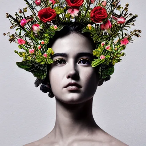 Image similar to A beautiful sculpture by Sandra Chevrier, background flowers by Zhang Jingna, 50mm