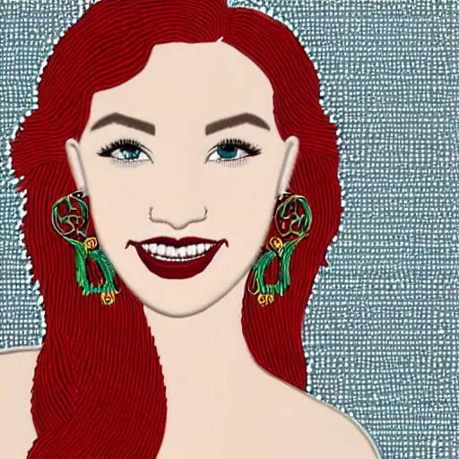 Prompt: Highly detailed embroidery design of a beautiful young woman with red hair, smiling by Disney, Thread material, Fabric material, gold details, Emerald insets, Golden thread, golden details, intricate details, intricate patterns 4k, 8k, HDR