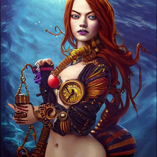 Image similar to underwater steampunk pirate portrait of emma stone, pixar style, by tristan eaton stanley artgerm and tom bagshaw.