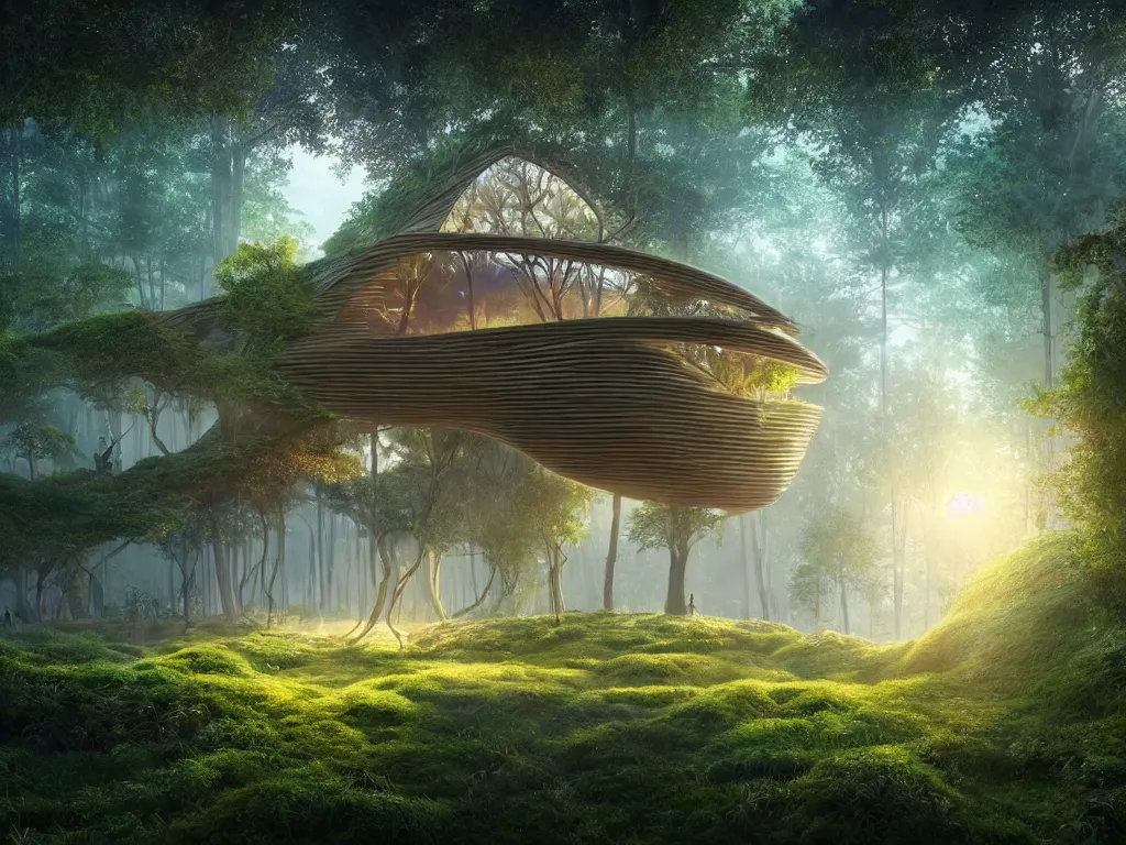 Prompt: beautiful organic house made from imaginary plants in a forest, architectural render, futuresynth, chillwave, by Gabriel Dawe, by Skottie Young, by Jessica Rossier, vegetal architecture, blender 3D, by moebius, sunrise, (mist), junglepunk, trending on artstation