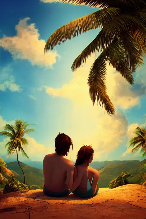 Prompt: conceptual art of 1 couple sitting on a cloud with palms, high in the sky above a paradisiac Caribbeans, mattepainting concept pixar maya engine on stylized background global illumination lighting artstation, in the style of Michelangelo