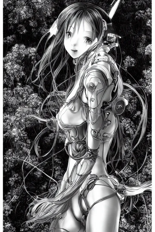 Image similar to a vertical portrait of a character in a scenic environment by Yoshitaka Amano, black and white, dreamy, cybernetic suit, wavy long black hair, highly detailed