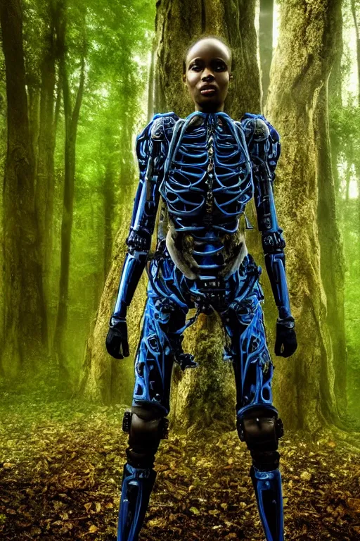 Prompt: high quality photo very beautiful! black woman with detailed exoskeleton armor, touching tree, in a forest, digital art brad kunkle elson peter, dramatic blue light low angle hd 8k sharp focus