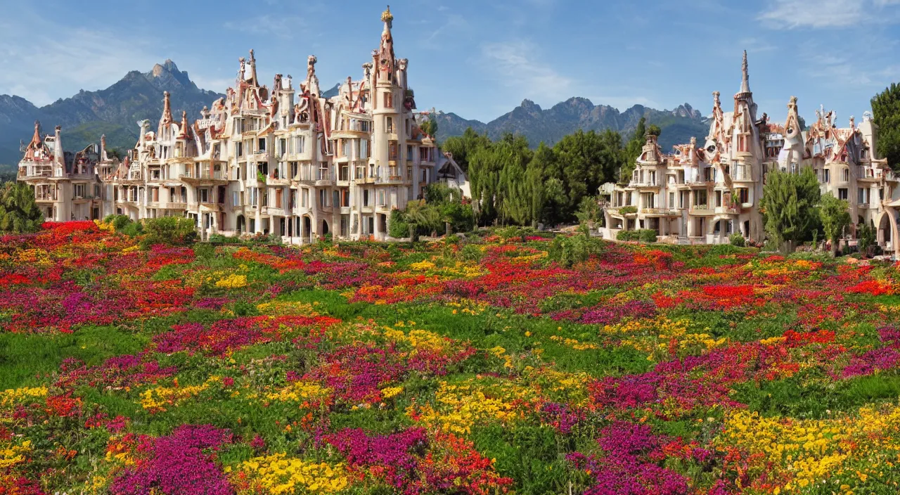 Image similar to a manor designed by Antoni Gaudí, with flower fields as foreground, with mountains as background