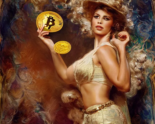 Image similar to attractive woman holding a golden bitcoin, commercial by annie liebovitz, gaston bussiere, craig mullins, j. c. leyendecker