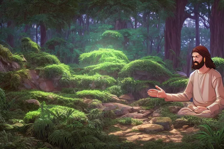 Prompt: a portrait of jesus praying, mossy plants, fantasy by dan mumford, yusuke murata and makoto shinkai, 8 k, cel shaded, unreal engine, featured on artstation, pixiv