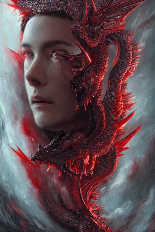 Image similar to realistic portrait beautifully crystalized and detailed matte painting of cinematic movie scene red dragon, horror, created by gustave dore and greg rutkowski, high detailed, smooth draw, synthwave neon retro, intricate, realistic proportions, dramatic lighting, trending on artstation.