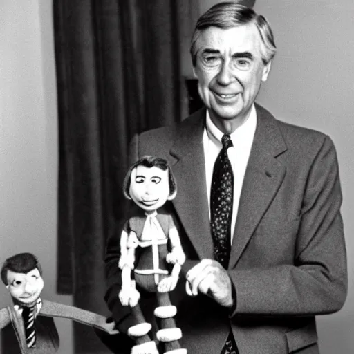 Prompt: mr. rogers proudly displaying a hand - carved mr. rogers marionette. 1 9 7 0 s photo.