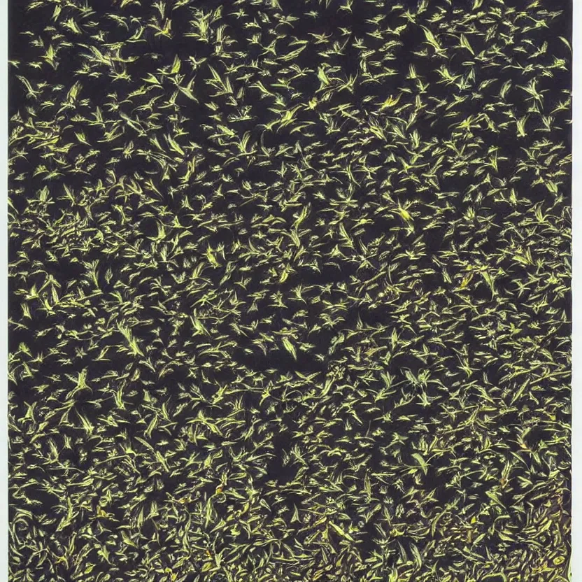 Image similar to MC Escher lithograph 3 color print of starlings and insects, murmur,