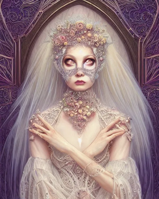 Prompt: beautiful ethereal maiden in a ivory masquerade mask intricate ornate fractal-lace and gemstones, wearing stunning ivory dress, subdued pastel color palette, full view, soft lighting, vivid, Hyperdetailed, 4k hd matte painting by Artgerm, Greg Rutkowski, Klimt, James Jean, 8k resolution, enchanting and otherworldly, Artstation, CGsociety, detailed, front view