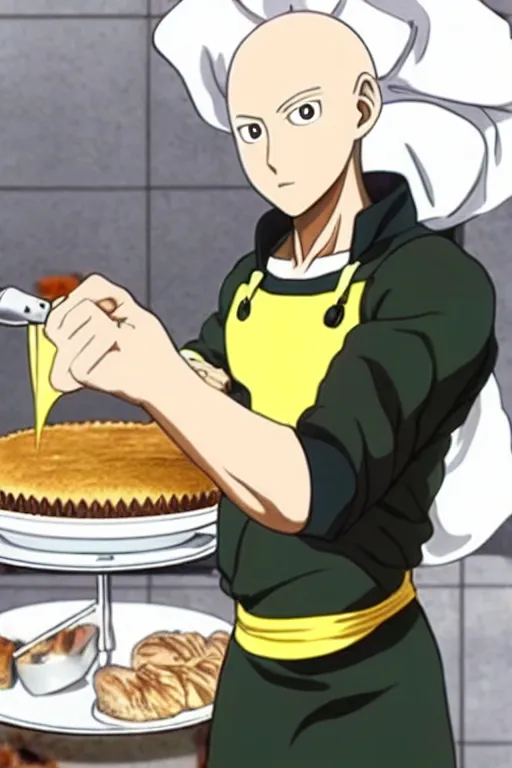 Image similar to chef saitama one punch man, dressed as a pastry chef, making a cake, masterpiece anime artwork