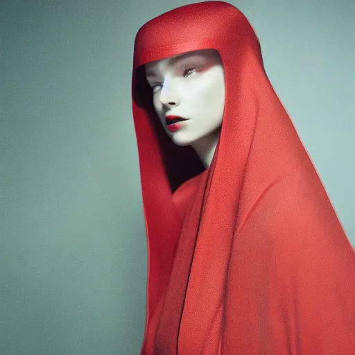 Image similar to Fashion photography of a woman wearing a futuristic outfit inspired by The Handmaid’s Tale (2017), intricate, artistic photography, cinematic lighting, insanely detailed, cinestill 800t, Vogue magazine