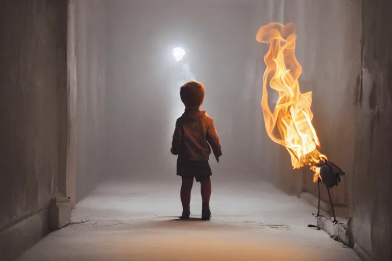 Image similar to a picture of a small child carefully holds torch through hallway filled with nightmarish monsters