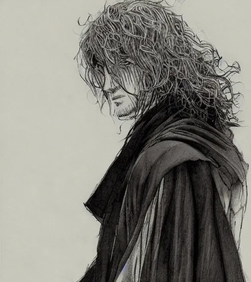 Image similar to portrait of anime man with long hair wearing a dark robe, pen and ink, intricate line drawings, by craig mullins, ruan jia, kentaro miura, greg rutkowski, loundraw