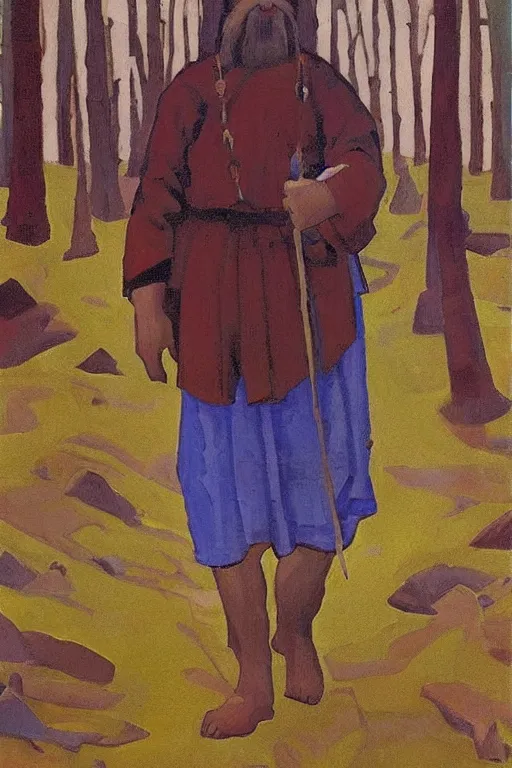 Image similar to slavic dog head man, woolen torso in medieval clothes, painting by nicholas roerich, walking in the forest, orthodox saint christopher, oil painting, painting by viktor vasnetsov, concept art, hyperrealism, beautiful, high resolution, trending on artstation,