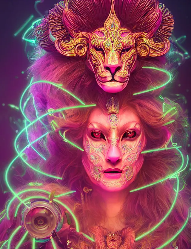 Image similar to 3 d goddess medium shot portrait with hyperdimensional totem implants. beautiful intricately detailed avante garde lion mask and retrowave sorceress outfit. neon, bio luminescent,, artwork by tooth wu and wlop and android jones and beetle and greg rutkowski