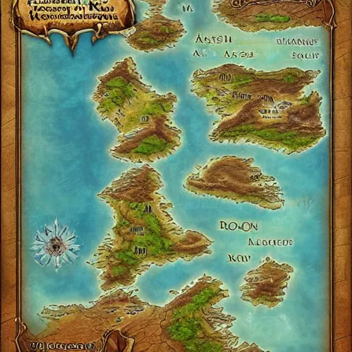 Prompt: fantasy map of an undiscovered continent, azeroth, roshar, hawaiian islands