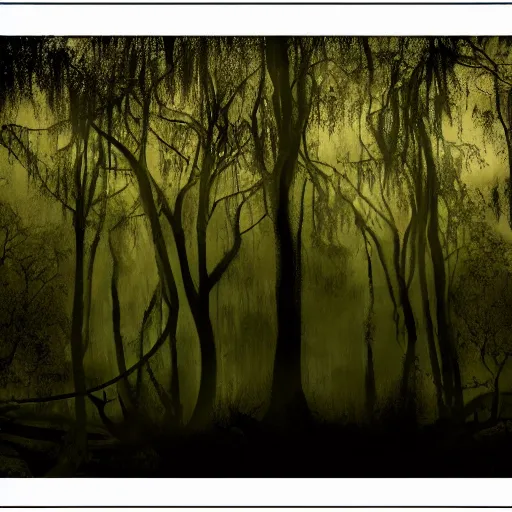 Image similar to the evil swamp you can only get to in your dreams where all the darkness is in the depths and the tree is rise high to the sky