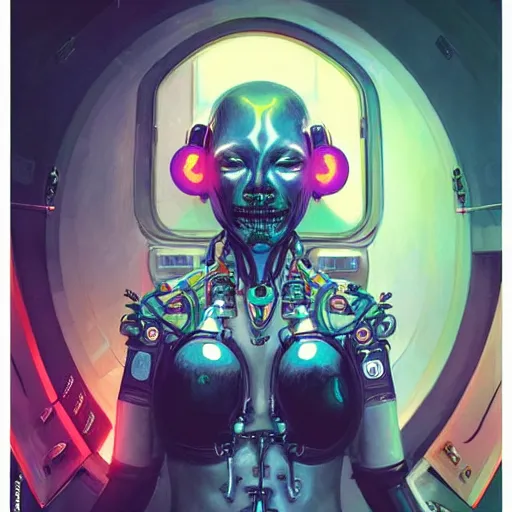 Image similar to An Alien Robot Cyberpunk Naughty Nurse, facial tattoos, glowing clothing apparatus, artists portrait, biomechanical, Emergency Room, fantasy, highly detailed, digital painting, concept art, sharp focus, depth of field blur, illustration, art by artgerm and greg rutkowski and alphonse mucha