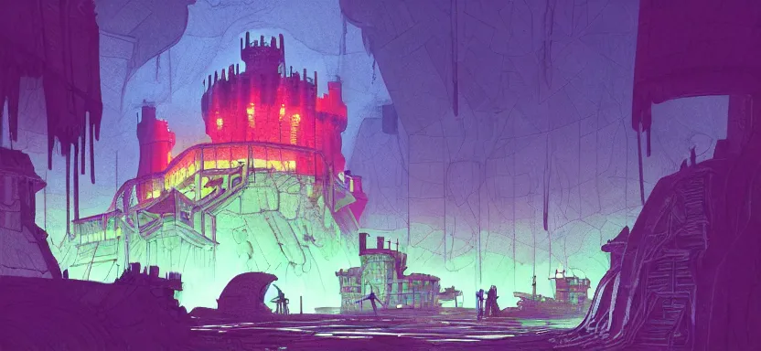 Image similar to handmade illustration of sieged small medieval castle, line art, octane render with volumetric lighting, watercolor by Kilian Eng and by Jake Parker,, futurisitic boxing gym weight room in bladerunner dystopia future, neon radioactive swamp