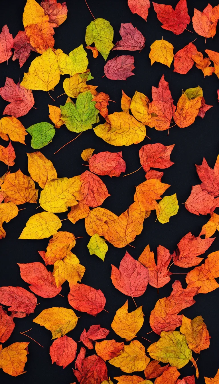 Prompt: colorful beautiful dry leaves, volumetric dramatic light, dark black background, sharp focus, highly realistic, octane render, art by greg rutsowski