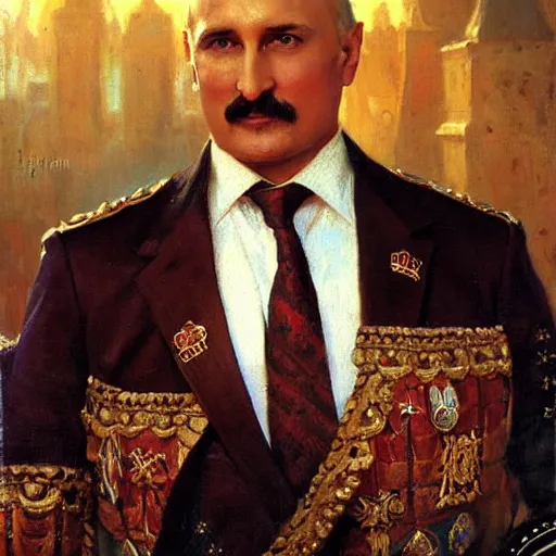 Image similar to attractive fully clothed alexander lukashenko confesses his love for his attractive fully clothed vladimir putin knight. highly detailed painting by gaston bussiere and j. c. leyendecker 8 k