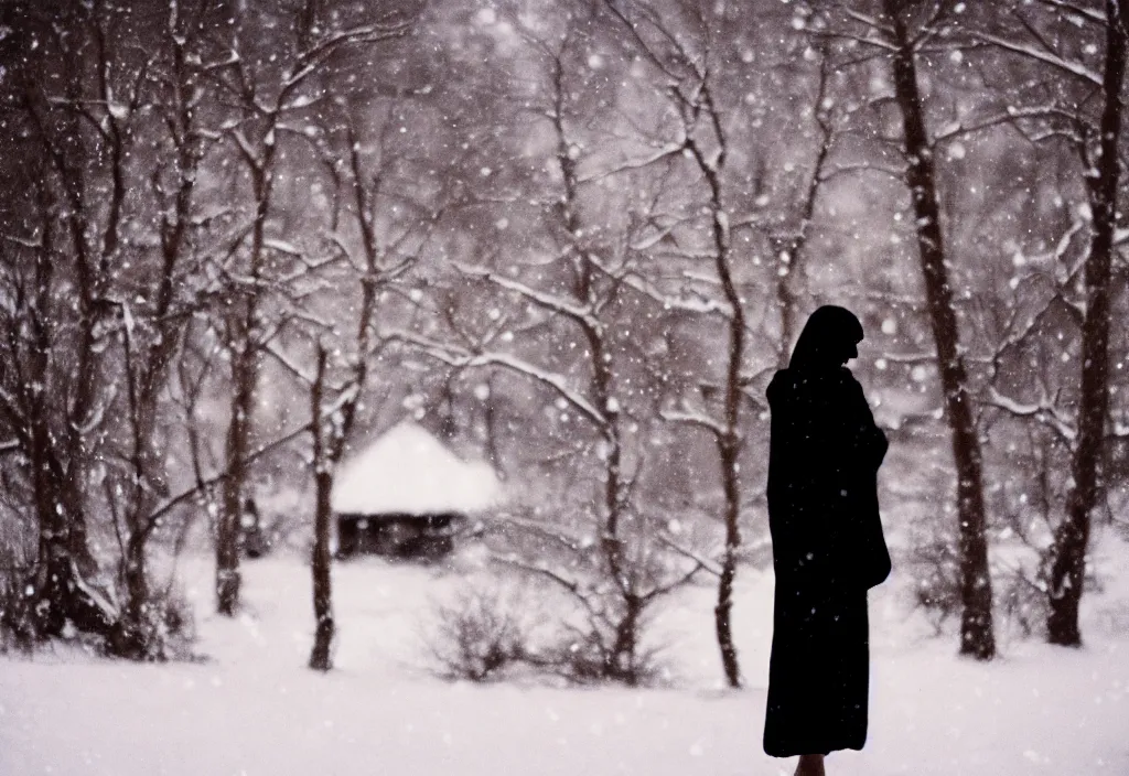 Image similar to lomo photo of a female silhouette standing in front of a wooden cottage in the snow, cinestill, bokeh, out of focus, day, dramatic lighting