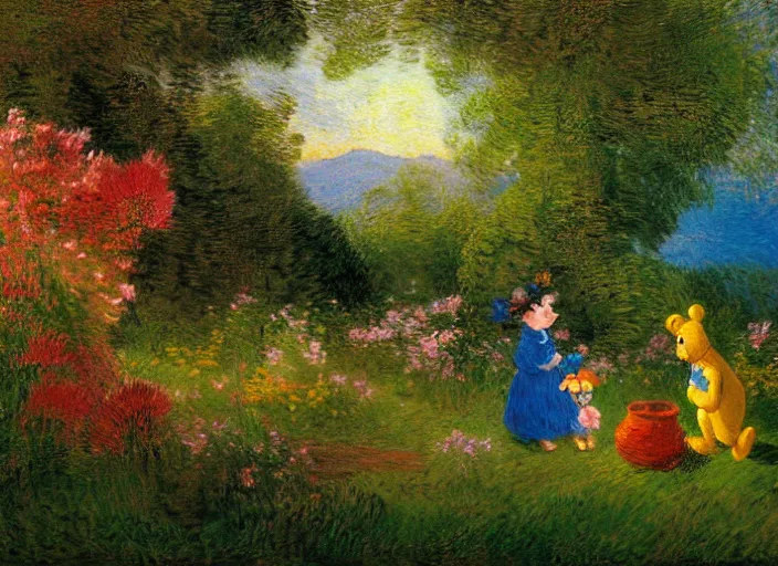 Image similar to romanticism impressionism landscape painting of winnie the pooh characters at night, night time, colorful paper lanterns, string lights, in the style of hudson river school and thomas cole and albert bierstadt and vincent van gogh and claude monet