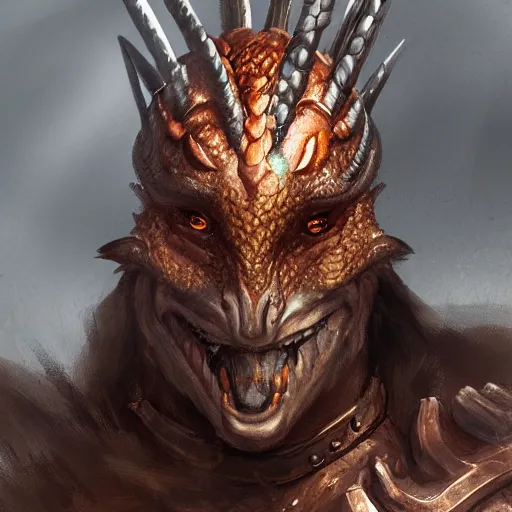 Prompt: portrait concept art of a wounded, copper, scaly dragonborn barbarian with a lot of battlescarsand a missing eye, character design, concept art, render, trending on artstation