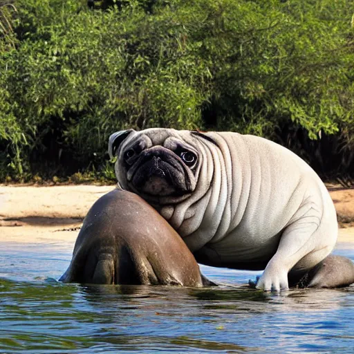 Image similar to a Manatee-Pug Hybrid, A Manatee that looks like a pug, huge tusks, afternoon hangout, good times photograph, candid