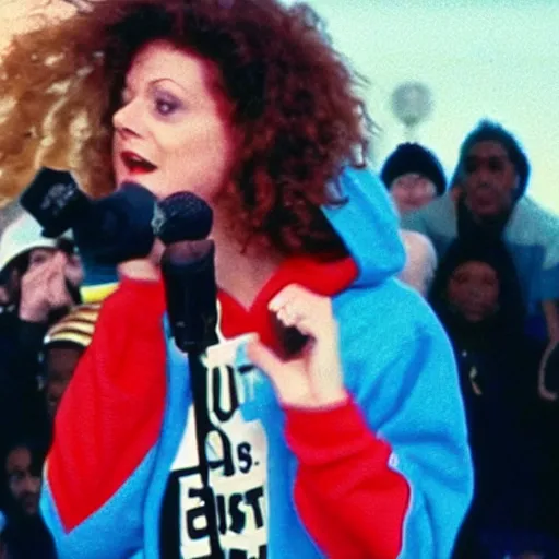 Prompt: 1 9 9 0 s video still of susan sarandon, wearing a hip hop hoodie, rapping on stage at a small outdoor concert, vhs artifacts